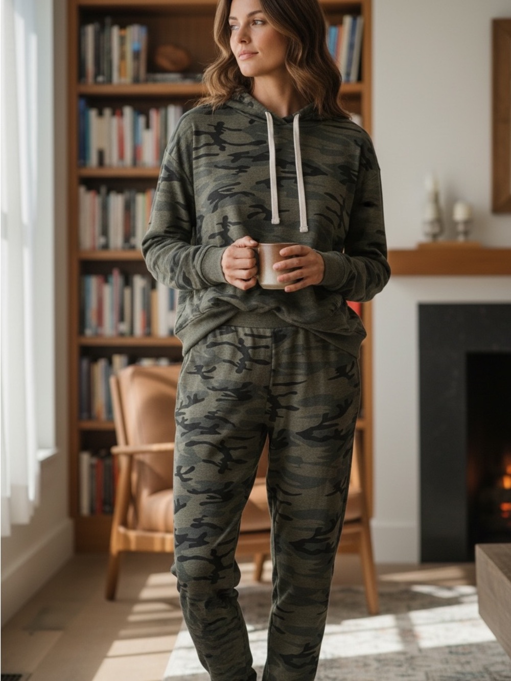 SUNDRY Women's Camo Hoodie & Joggers Set Green/Black